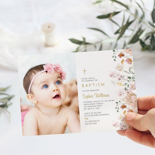 Wildflowers Photo Girl Baptism  Pink  Red Flower Invitation