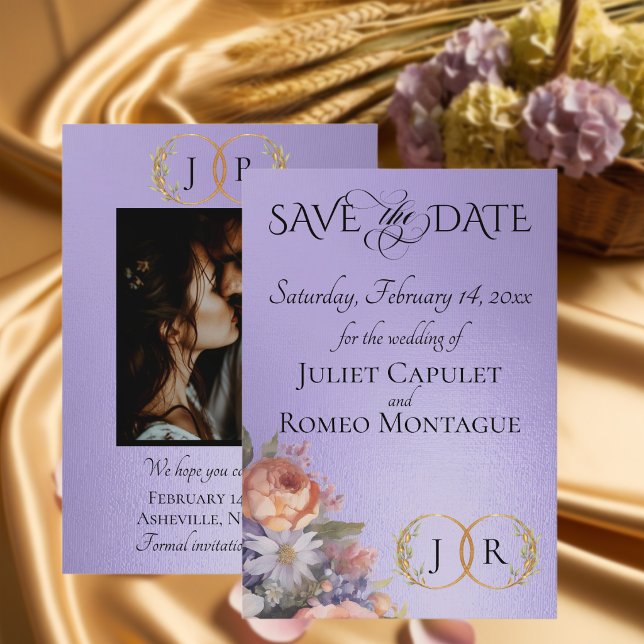 Wildflowers, Photo & Leaf Monogram - Blue Lilac Save The Date (Creator Uploaded)