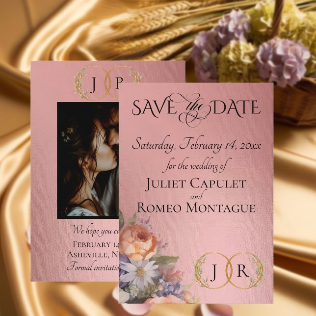 Wildflowers, Photo & Leaf Monogram - Rose Gold Save The Date (Creator Uploaded)
