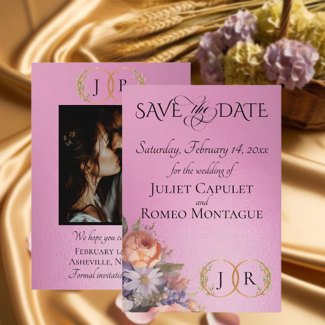 Wildflowers, Photo & Leaf Monogram - Rose Pink Save The Date (Creator Uploaded)