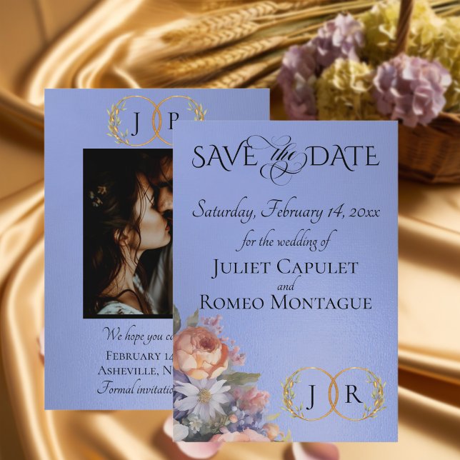 Wildflowers, Photo & Leaf Monogram - Sky Blue Save The Date (Creator Uploaded)