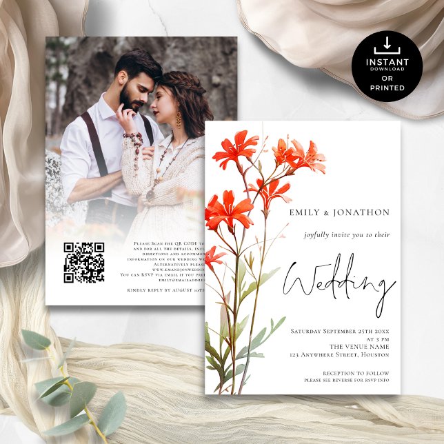 Wildflowers Photo Overlay QR Code Script Wedding Invitation (Front and back view)