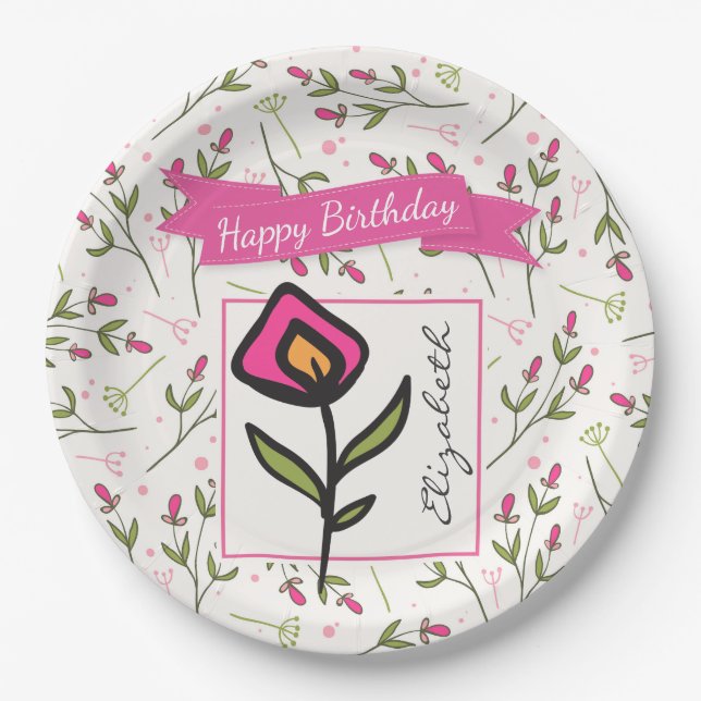 Wildflowers - Pink and Orange Petals Birthday Paper Plates (Front)