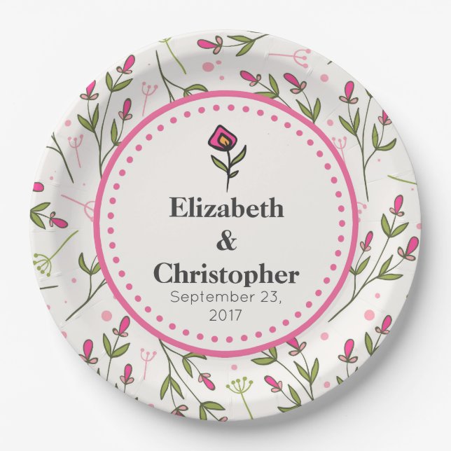 Wildflowers - Pink and Orange Petals Wedding Paper Plates (Front)