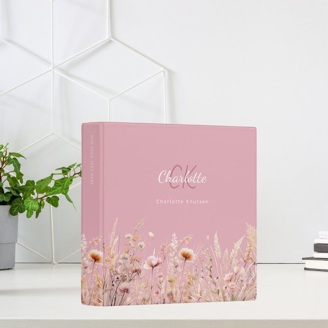Wildflowers pink beige cream monogram 3 ring binder (Creator Uploaded)