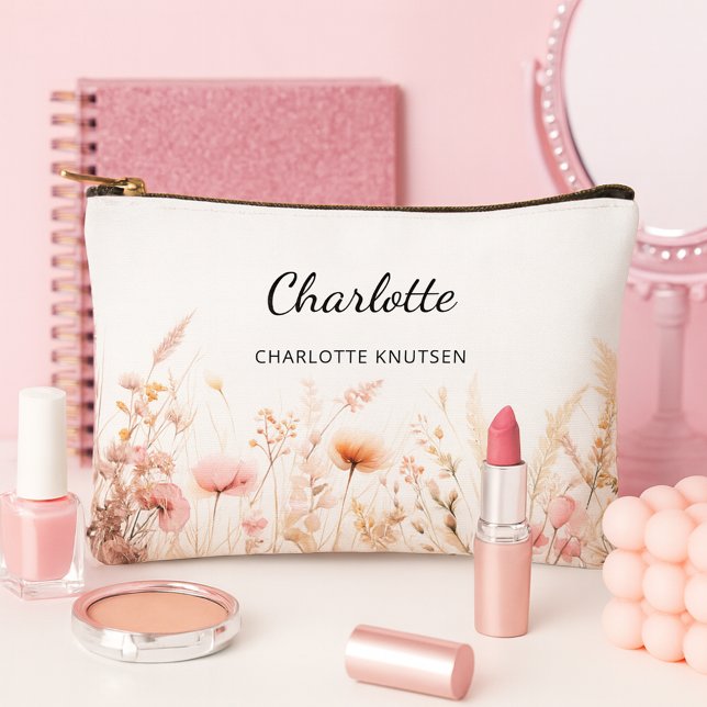 Wildflowers pink beige monogram name accessory pouch (Creator Uploaded)