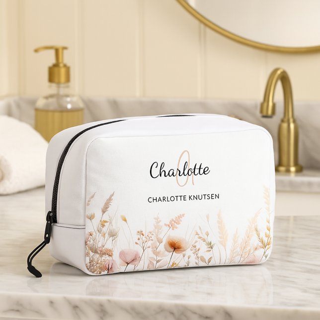 Wildflowers pink beige monogram name dopp kit (Creator Uploaded)