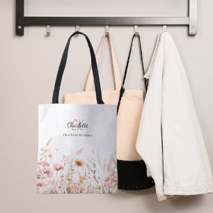 Wildflowers pink beige monogram name tote bag