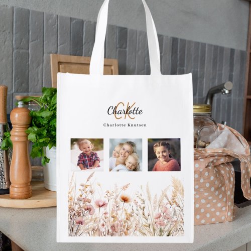 Wildflowers pink beige photo collage monogram grocery bag