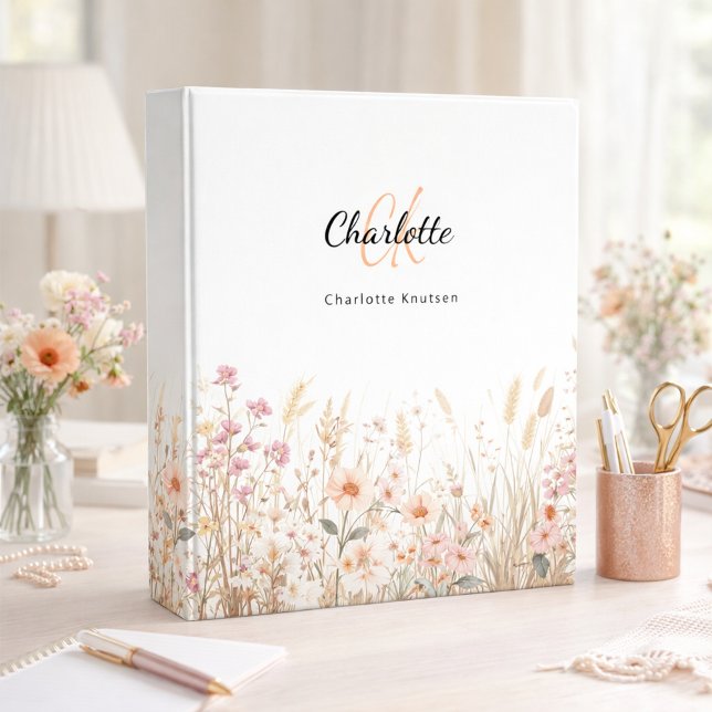 Wildflowers pink beige yellow monogram 3 ring binder (Creator Uploaded)