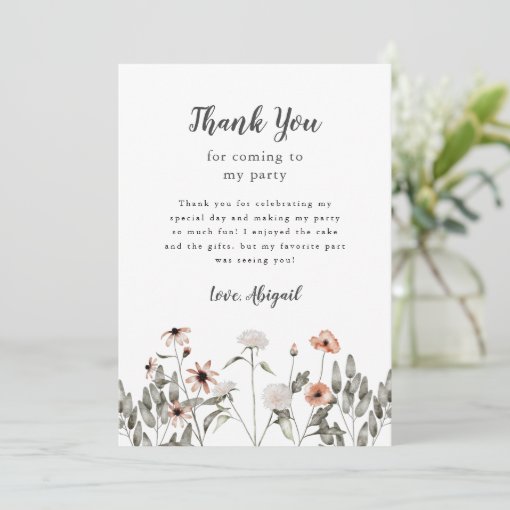 Wildflowers Pink Birthday Party Thank You Card | Zazzle