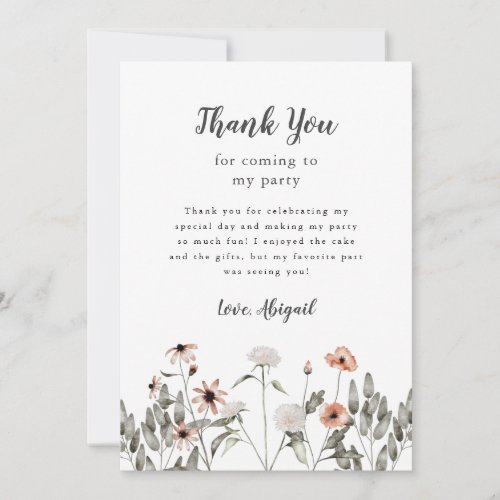 Wildflowers Pink Birthday Party   Thank You Card