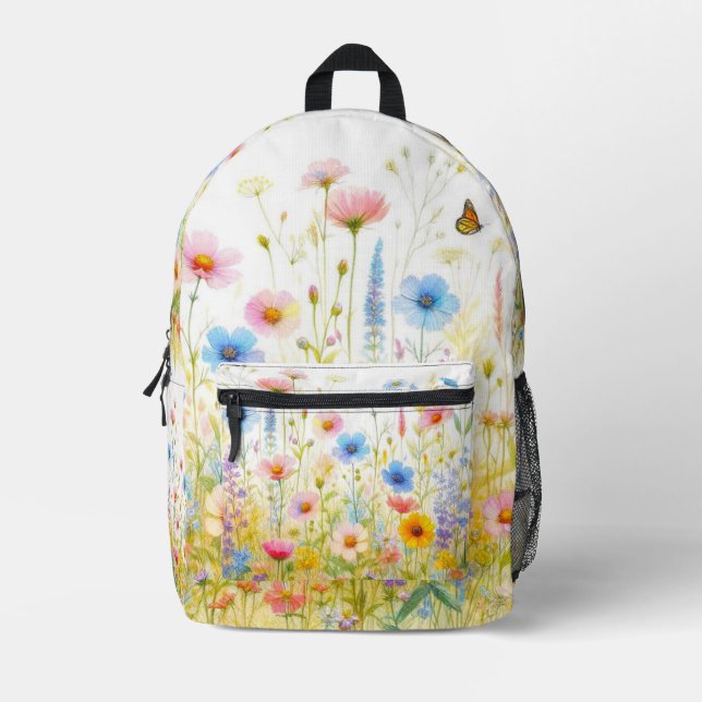 Wildflowers Pink Blue Floral on White  Printed Backpack (Front)