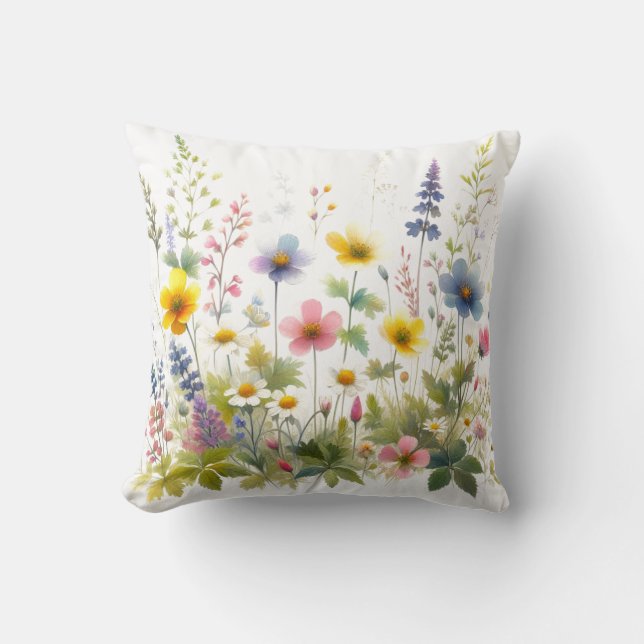 Wildflowers Pink Blue Yellow Floral Throw Pillow (Front)