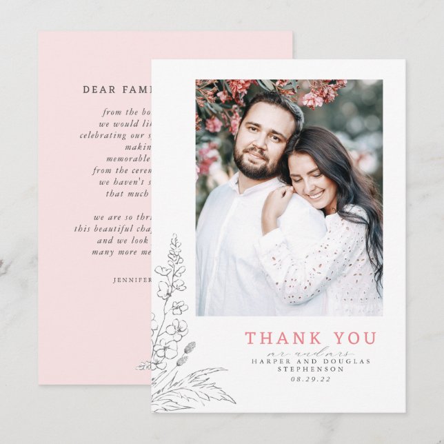 Wildflowers Pink Elegant Wedding Thank You Photo Card (Front/Back)