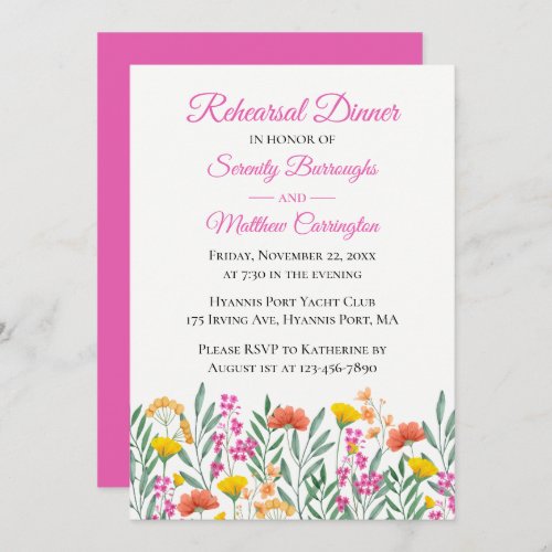 Wildflowers Pink Floral Wedding Rehearsal Dinner Invitation