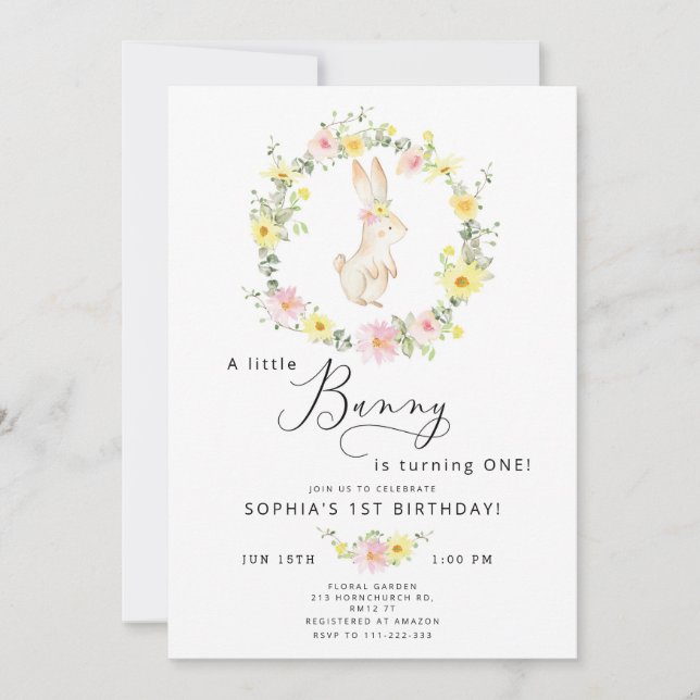 Wildflowers pink Little Bunny 1st birthday Invitation (Front)