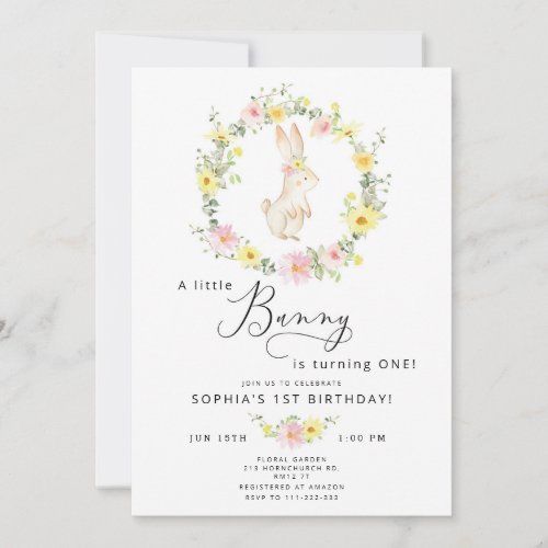 Wildflowers pink Little Bunny 1st birthday Invitation