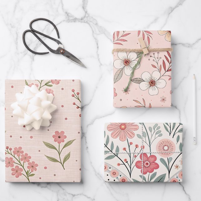 Wildflowers Pink Pastel Botanical Garden Floral  Wrapping Paper Sheets (Front)