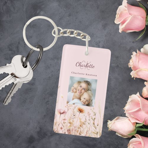 Wildflowers pink photo monogram keychain