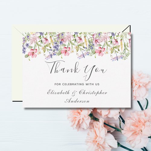 Wildflowers Pink Purple Floral Dragonfly Wedding Thank You Card