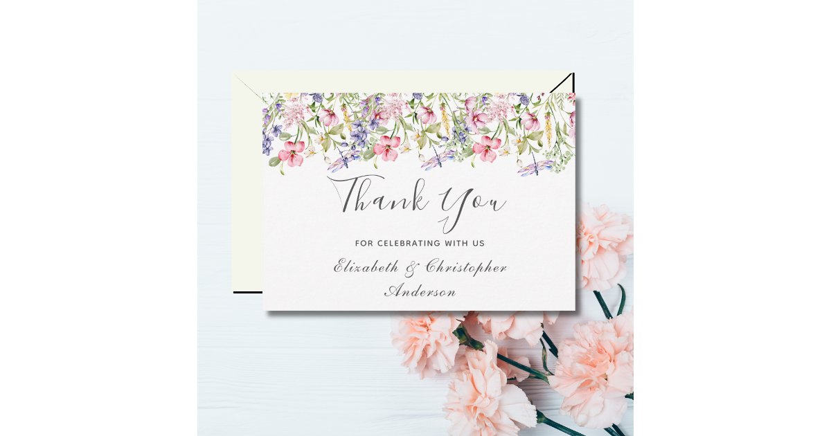 Wildflowers Pink Purple Floral Dragonfly Wedding Thank You Card | Zazzle