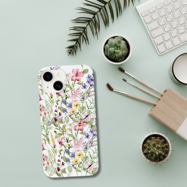 Wildflowers Pink Purple Yellow Flowers Greenery Case-Mate iPhone Case (Watercolor Wildflowers iPhone and Samsung Phone case., iPhone 15 14 13 12 11 case.)
