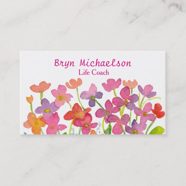Wildflowers Pink Red Watercolor Business Card (Front)