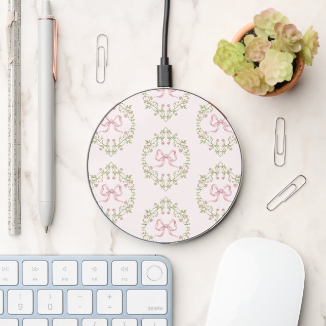 Wildflowers pink ribbon Bow Coquette Vintage Wireless Charger (Desk)