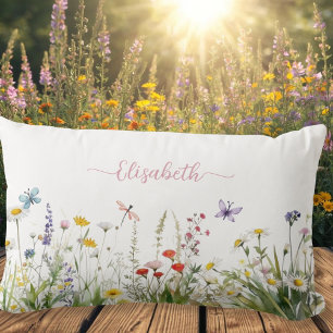 Wildflowers Pink Script Name Lumbar Pillow