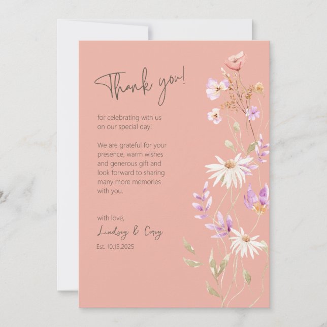 Wildflowers Pink Thank You Card for Wedding (Front)