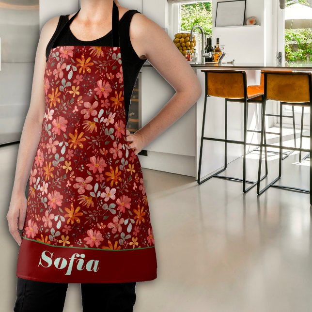 Wildflowers pink yellow pattern custom name red apron (Creator Uploaded)