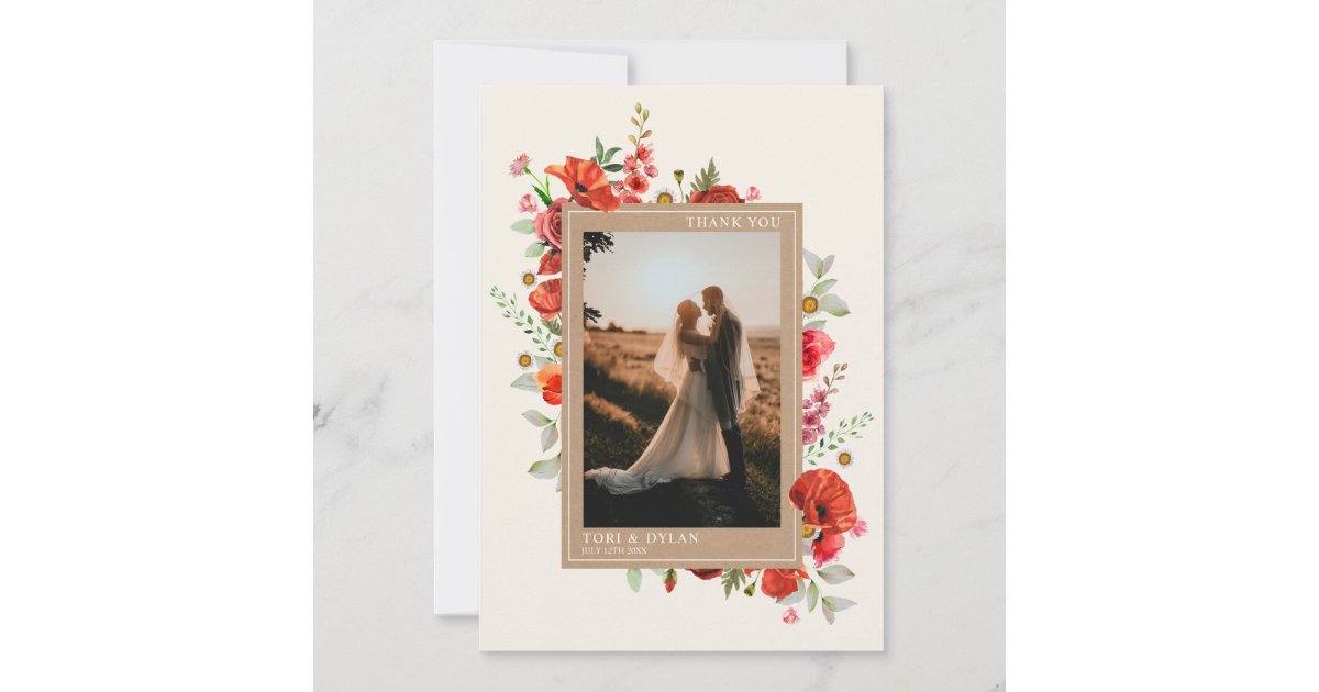 Wildflowers Poppy Botanical Wedding Photo Thank You Card | Zazzle