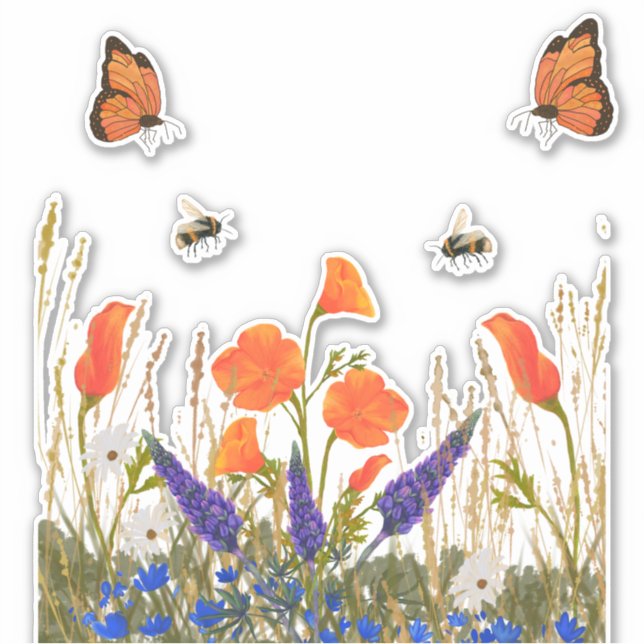 Wildflowers Poppy Butterflies Bees Sticker (Front)