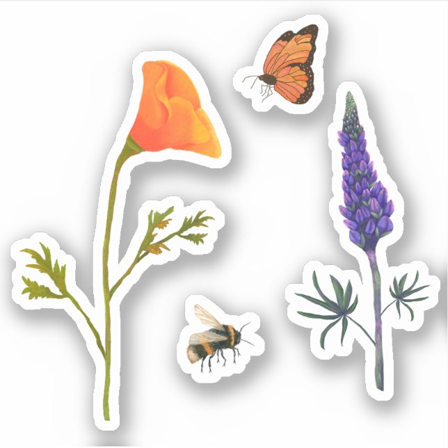 Wildflowers Poppy Butterfly Bee Sticker (Front)