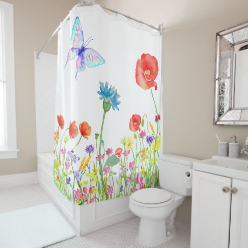 wildflowers poppy meadow butterfly watercolor shower curtain