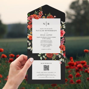 Wildflowers Poppy Red Floral Dark Wedding QR RSVP All In One Invitation