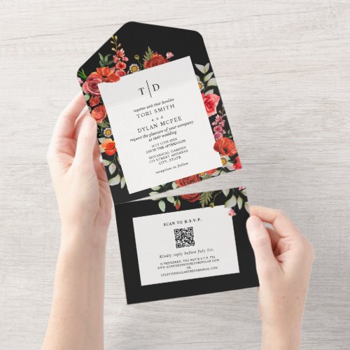 Wildflowers Poppy Red Floral Dark Wedding RSVP All All In One Invitation