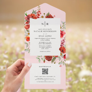 Wildflowers Poppy Red Floral Pink Wedding QR RSVP All In One Invitation