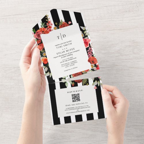 Wildflowers Poppy Red Floral Stripe Wedding RSVP   All In One Invitation