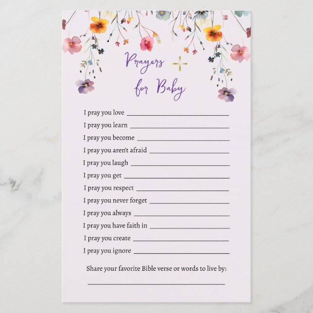 Wildflowers Prayers for Baby Shower Games (Front)