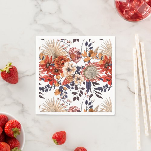 Wildflowers protea and foliage purple orange gold napkins