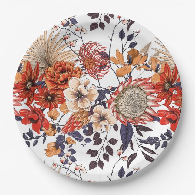Wildflowers protea and foliage purple orange gold  paper plates (Front)