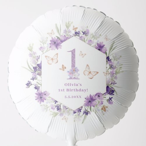 Wildflowers purple Butterfly 1st birthday party Balloon