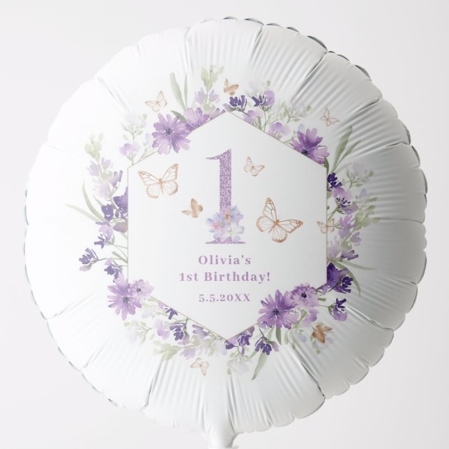 Wildflowers purple Butterfly 1st birthday party Balloon (Front)