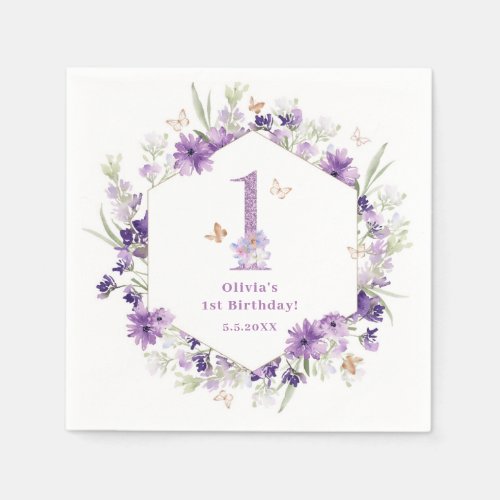 Wildflowers purple Butterfly 1st birthday party Napkins