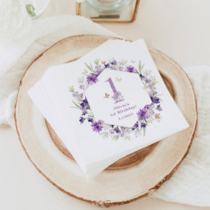 Wildflowers purple Butterfly 1st birthday party Napkins