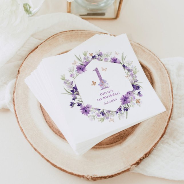 Wildflowers purple Butterfly 1st birthday party Napkins (Creator Uploaded)