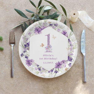 Wildflowers purple Butterfly 1st birthday party Paper Plates