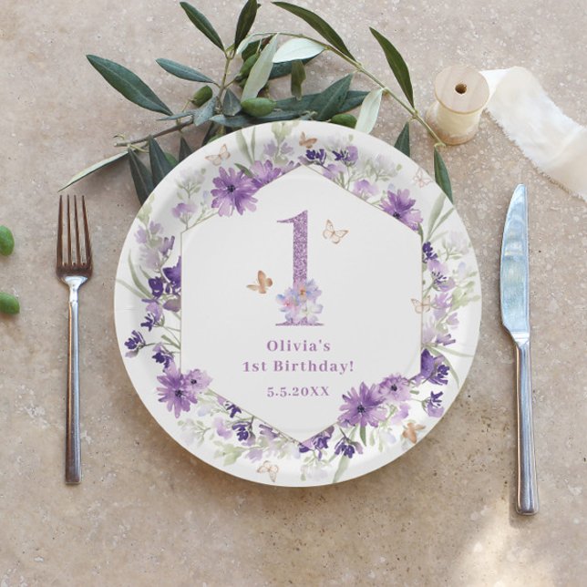 Wildflowers purple Butterfly 1st birthday party Paper Plates (Creator Uploaded)